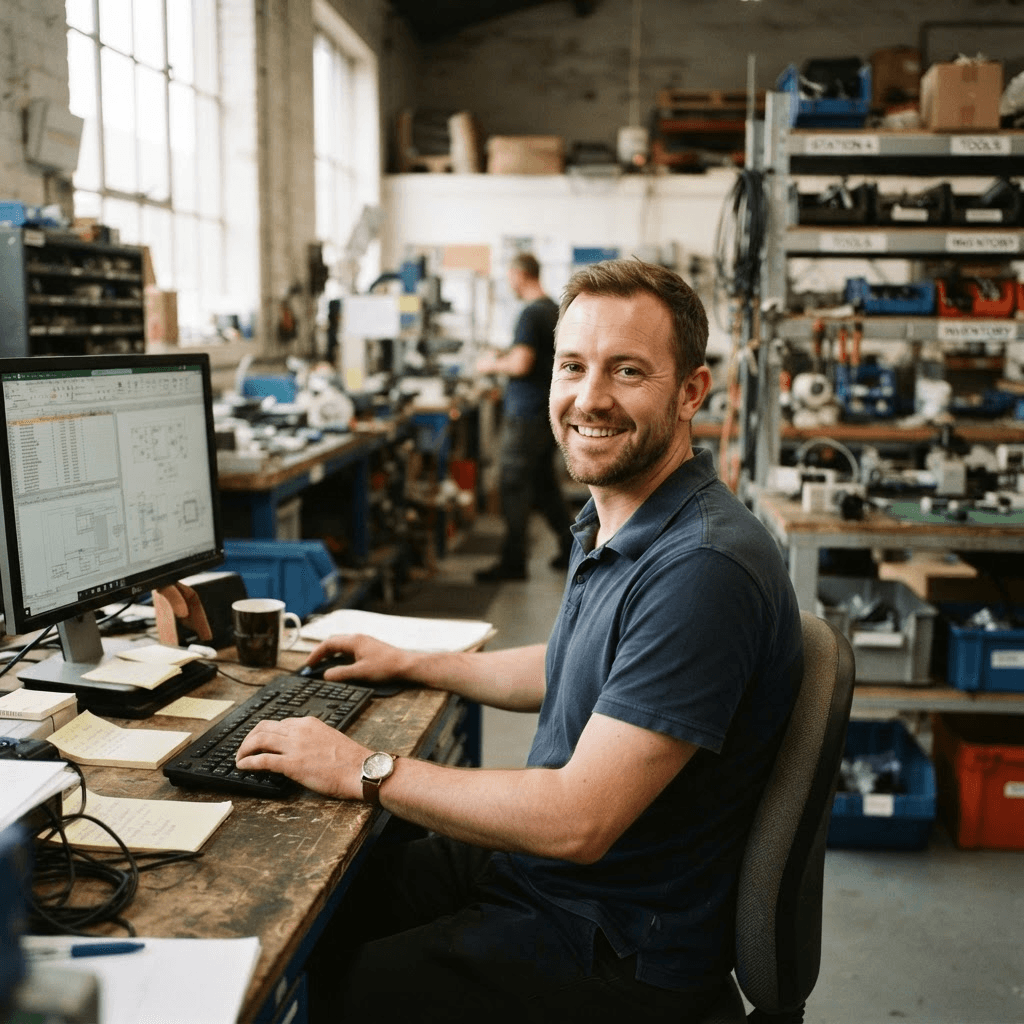 A smiling employee working at a computer in a light industrial workplace